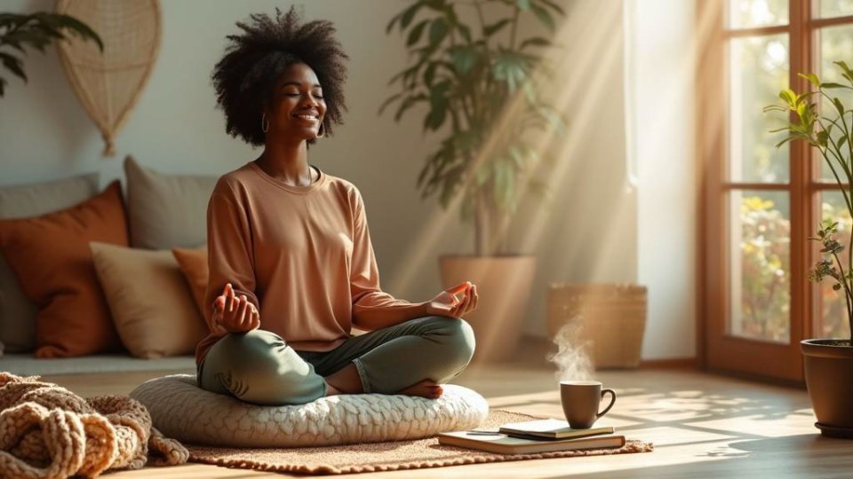 Black woman meditating in peaceful morning sunlight