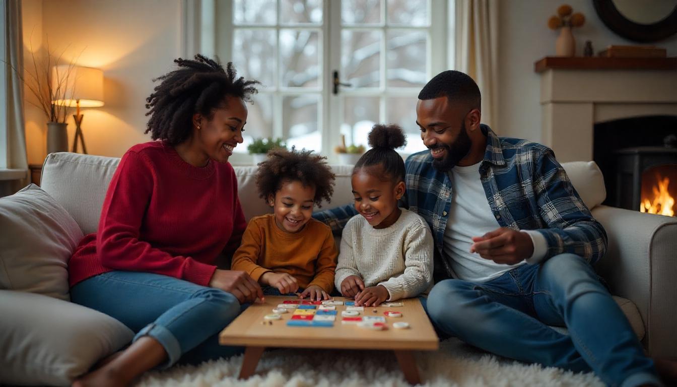 Family playing board game indoors during winter season