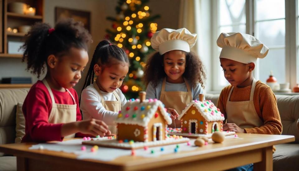 5 simple ways to keep kids comfortable in cold weather Kids decorating gingerbread houses during winter holiday season