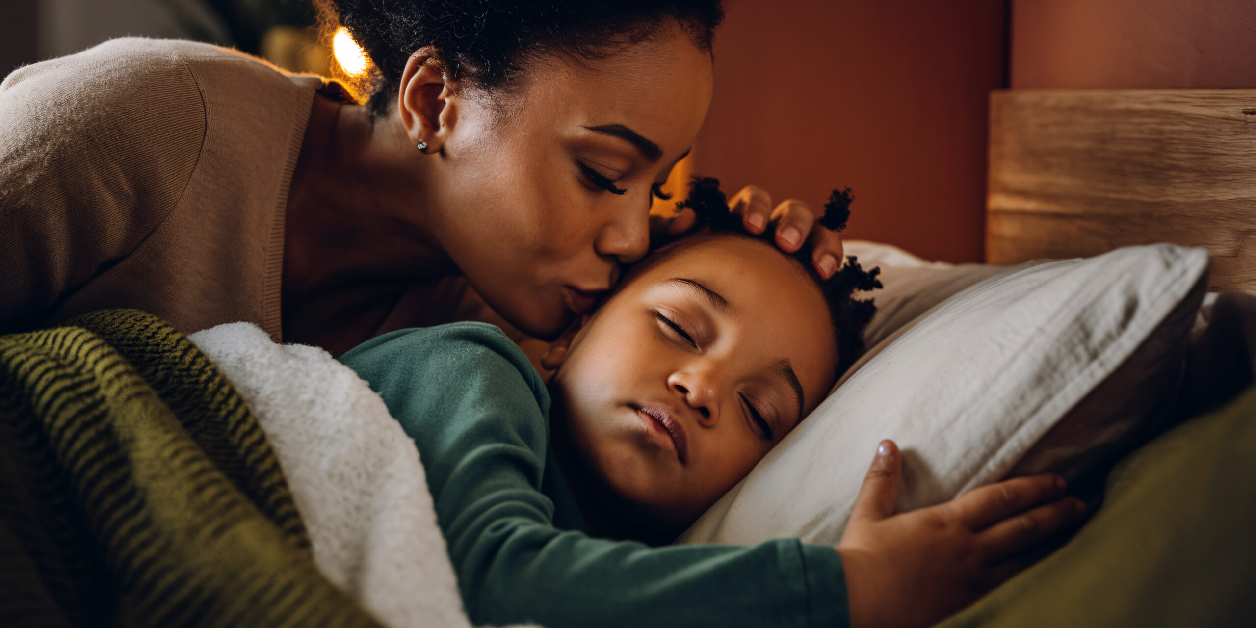 Mother kissing her black child goodnight during a bedtime routine, illustrating a peaceful sleep environment as part of a consistent bedtime chart for kids.