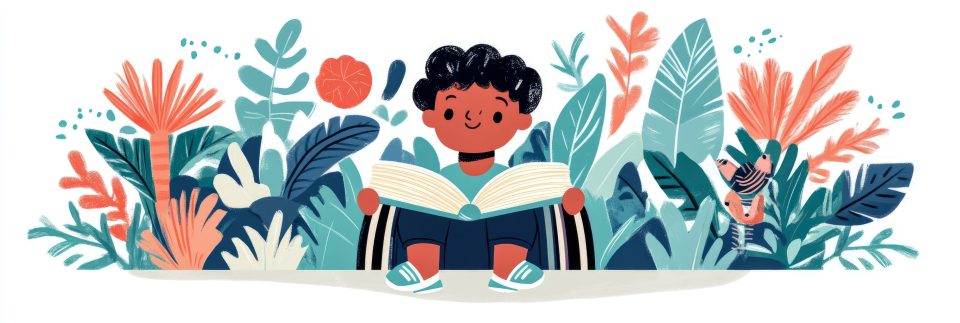 Your 2025 black kids' summer reading list Illustration of an african american boy reading a book in front of plants.