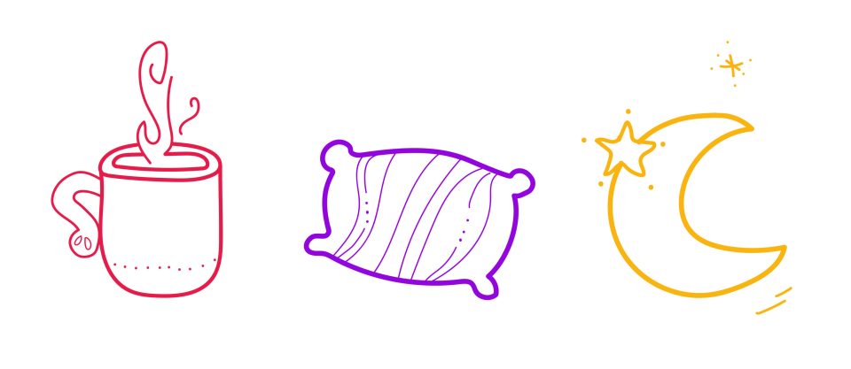 An illustration of a cup of tea, pillow and a star and moon for an article about mommy's sleeping and sleep masks.