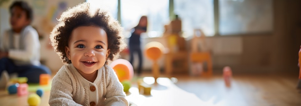 Daycare for 2-year-olds: how little scholars supports early growth through care Happy black toddler playing and learning in a bright and welcoming daycare center environment