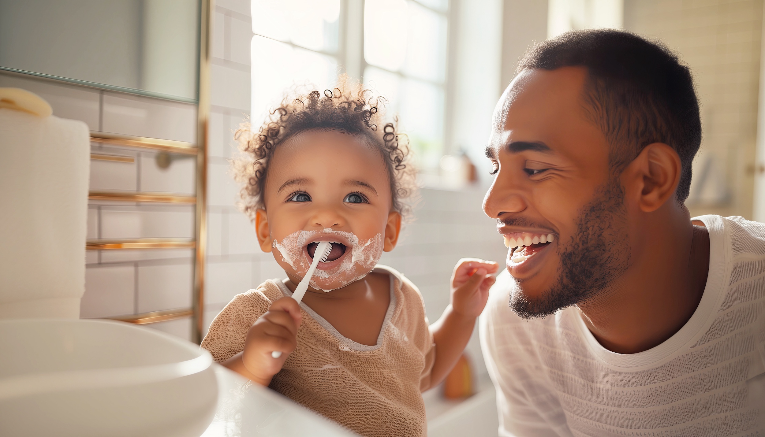 Caring for your baby's teeth Heartwarming family scene in bright bathroom with soft natural light: smiling father and baby with curly hair. Baby holds white toothbrush and brushing first teeth. Childhood and parenthood concept. For an article called, caring for your baby's teeth.