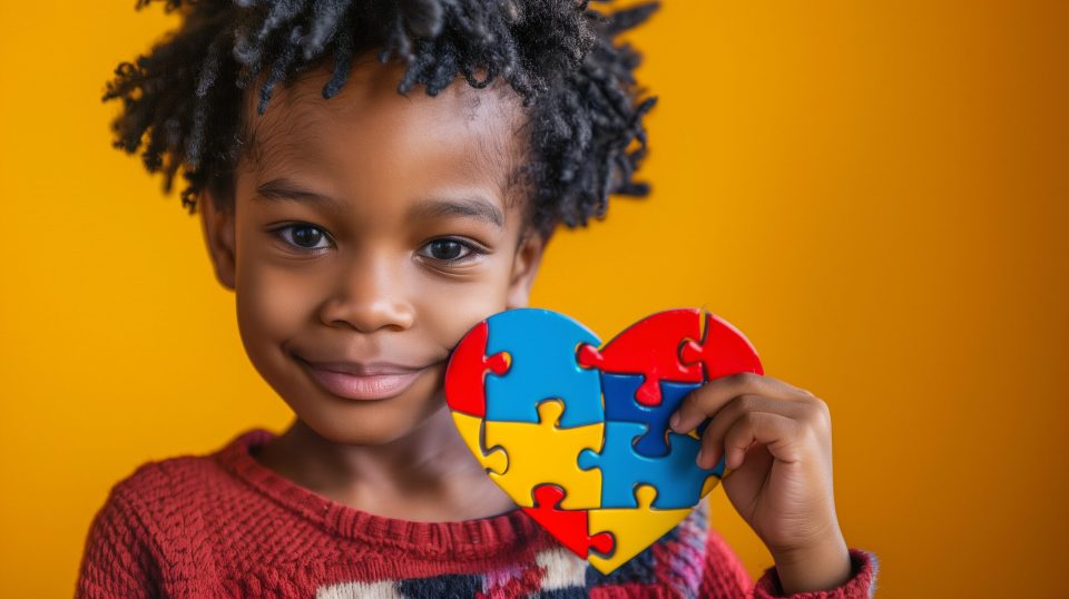 An image of an african american child holding a puzzle heart which is often the sign for autism awareness. This is for more information on autism assessments.