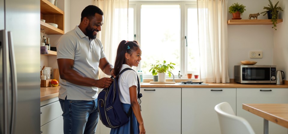 Our children, our uniforms: embracing diversity in school dress Caring african american dad assisting young daughter in a school uniform to prepare for a school day for an article titled, "our children, our uniforms: embracing diversity in school dress.