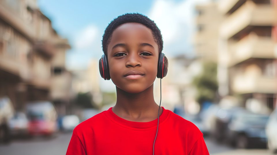 8 safe cities to raise black children: where culture, community & care come first Confident african american boy wearing headphones and a red shirt in an urban neighborhood, representing youth empowerment and the 8 safe cities to raise black children.