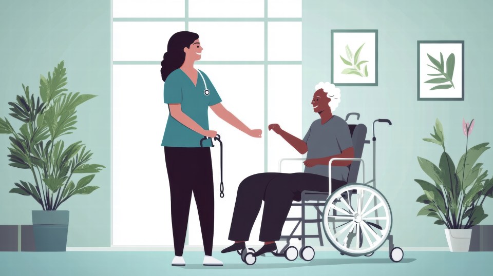 African american senior in hospice care smiling at a nurse, seated in a wheelchair preparing for peace, with a calm home setting and indoor plants in the background.