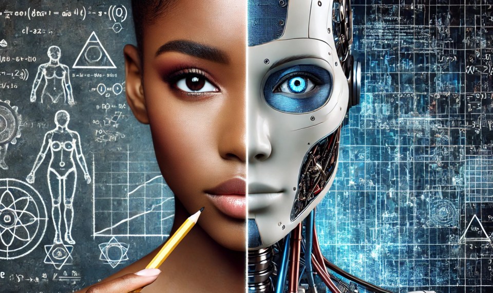 Image illustrating the contrast between ai tutors and traditional tutors, showcasing a split between a robotic ai face and an african american woman holding a pencil, symbolizing the debate of ai tutors vs. Traditional methods in education.