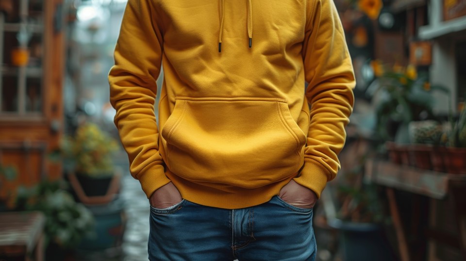 Why black teens wear hoodies in the heat — and what it really means Black teen wearing a yellow hoodie with hands in jean pockets from the shoulders down outside near plants for why black teens wear hoodies in the heat — and what it really means