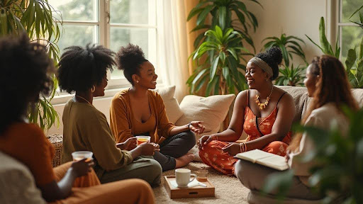 Black mompreneurs women discussing self-care tips in cozy setting