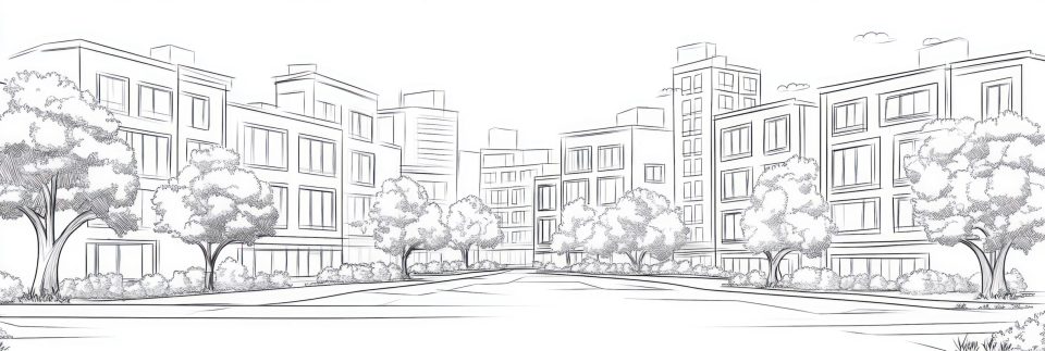 8 safe cities to raise black children: where culture, community & care come first Black and white architectural line drawing of a peaceful, tree-lined residential city neighborhood, representing safe environments in the 8 safe cities to raise black children.