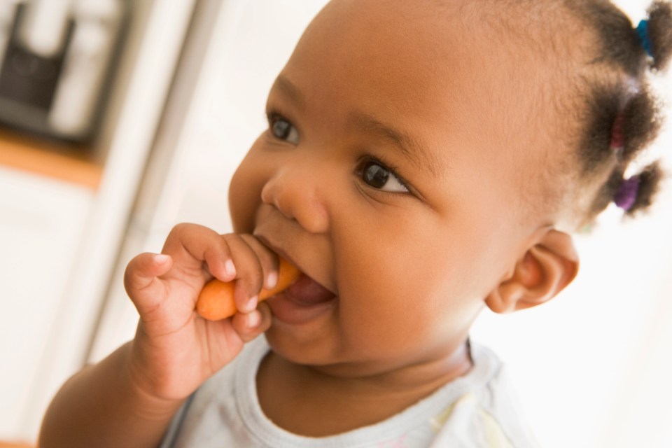 An african american toddler eating a carrot for an article on raising healthy kids: how nutrition affects child development for lifelong well-being
