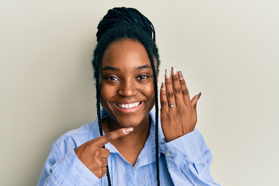 Promise rings: the complete guide to modern commitment jewelry An african american woman points to her promise ring for an article about promise rings: the complete guide to modern commitment jewelry