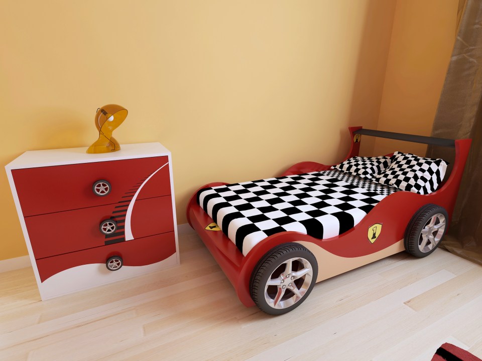 A race car bed in a child's room