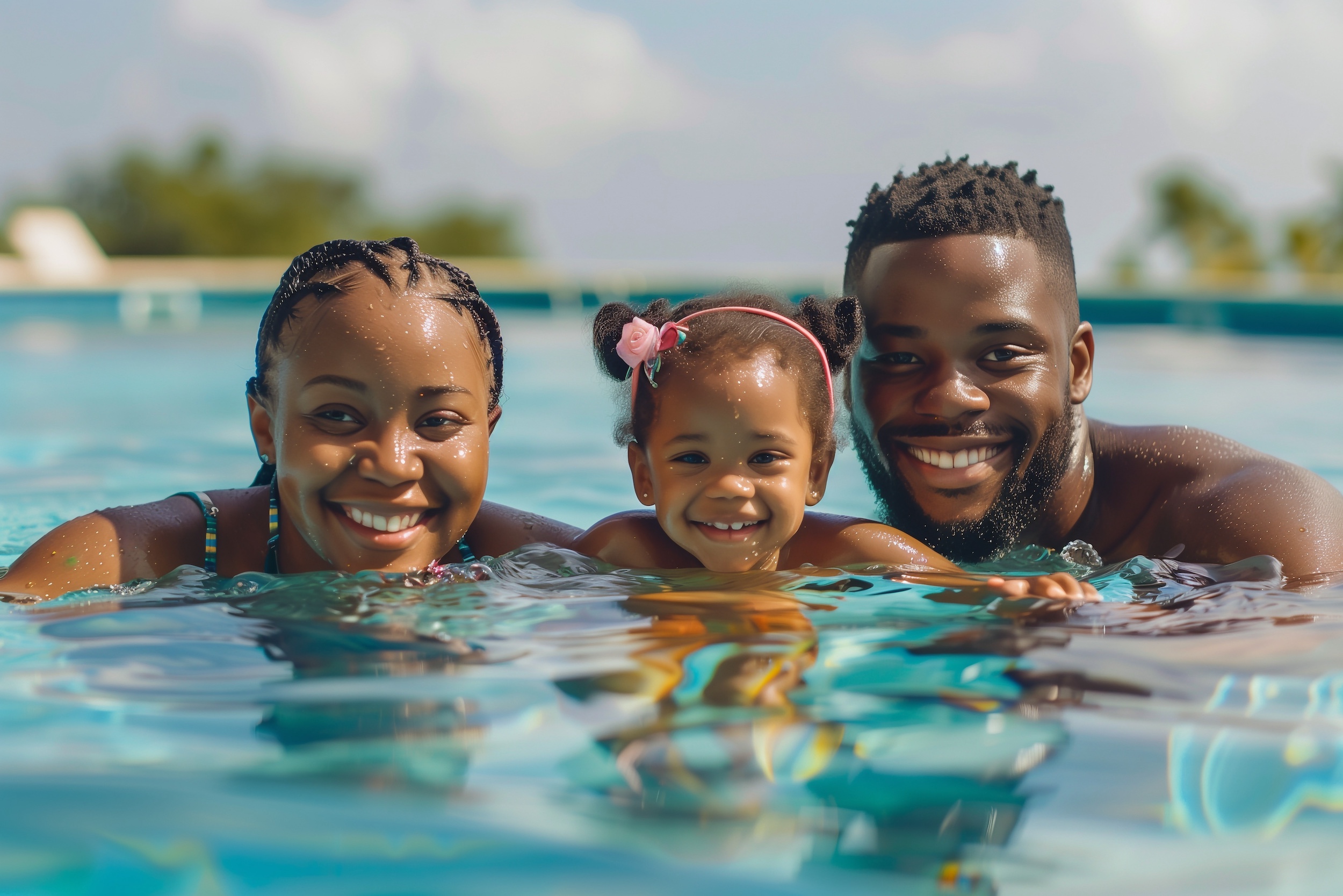 Smiling black family enjoying time together in a swimming pool during a tropical vacation, symbolizing joyful family travel and bonding at a beach resort for an article titled, "why playacar beach is the ultimate playground for adventurous family travelers. "
