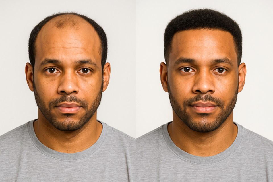 Best hair transplant clinic in turkey Before and after hair transplant for black man using fue and dhi methods at globalmedic hair transplant center in antalya, turkey, with restored natural hairline, transformation image showing the hair restoration journey of a young african american man before and after undergoing a hair transplant procedure.