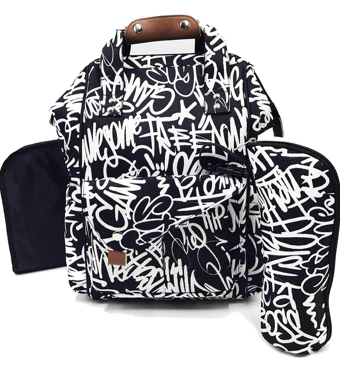 The diaper bag made with the hip hop culture in mind A graffiti designed black and white diaper bag for designed in a hip-hop style.