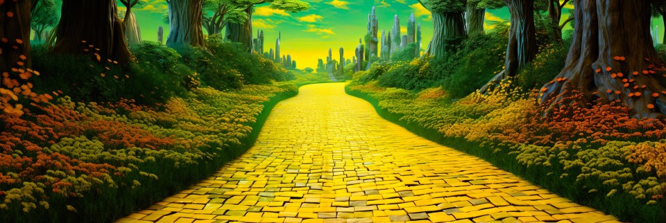 When black girls watch "wicked," it hits differently A vibrant depiction of the iconic yellow brick road surrounded by lush greenery, colorful flowers, and towering trees leading to a distant emerald city. This image captures the magical and symbolic journey in wicked, reflecting themes of hope, resilience, and transformation for black girls.