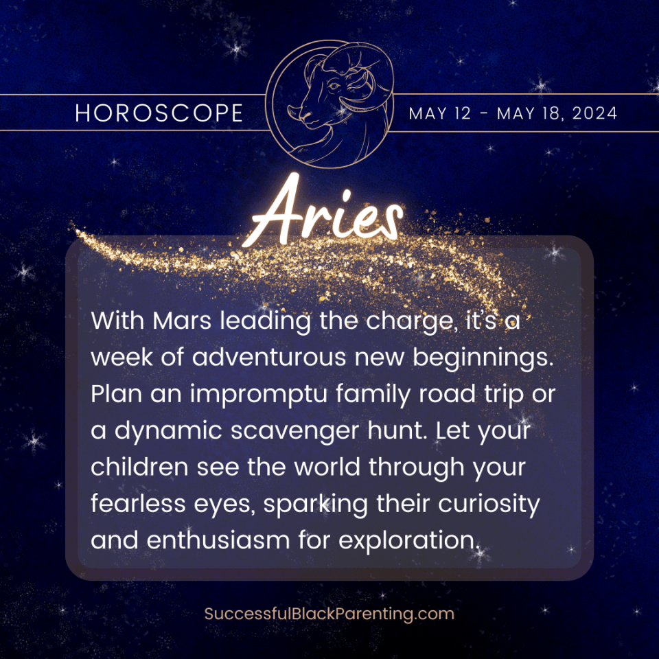 Horoscopes for parents: week of may 12th – may 18th Aries parent horoscope: "image of a vibrant aries ram symbol interwoven with parenting icons, representing energy and creativity in parenting. "