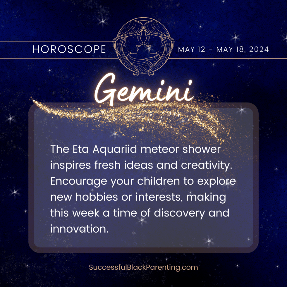 Horoscopes for parents: week of may 12th – may 18th Gemini parent weekly horoscope: "graphic of gemini twins with speech bubbles and books, emphasizing communication and intellectual engagement in parenting. "