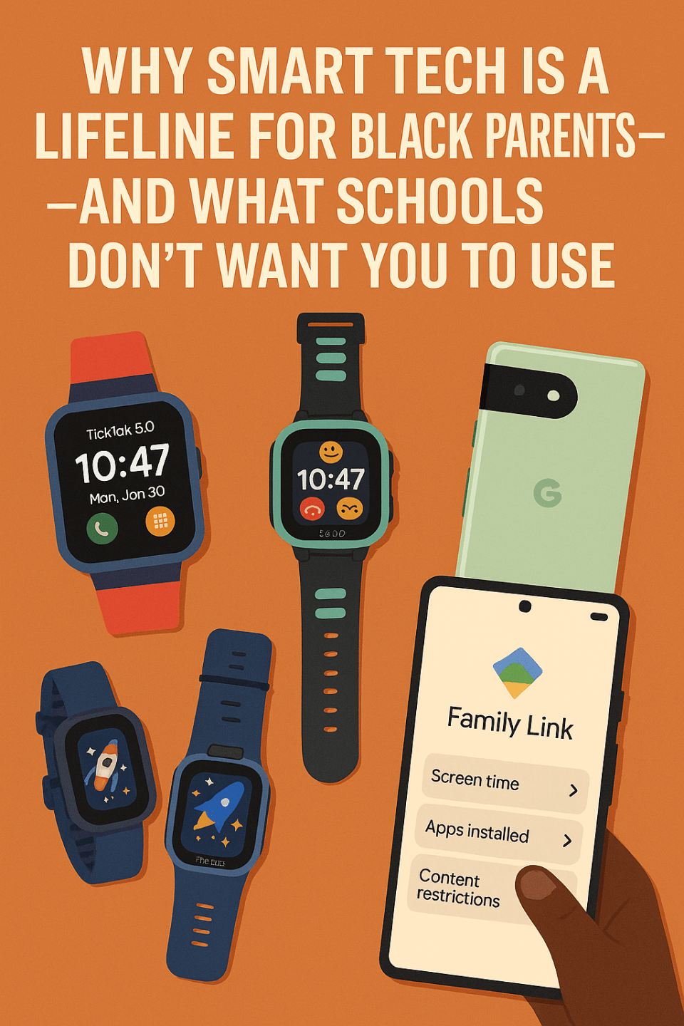 Back-to-school: why smart tech is a lifeline for black parents Illustration of kids' smartwatches, google pixel phone, and family link app highlighting smart tech tools black parents use for school safety and monitoring - back-to-school: why smart tech is a lifeline for black parents