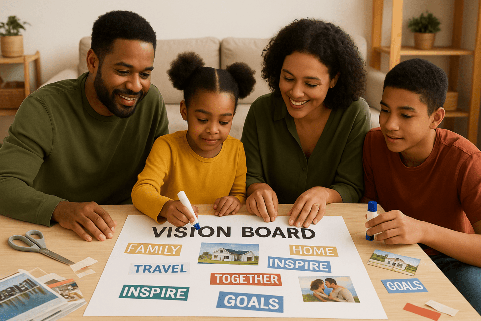 African american family creating a juneteenth vision board, family-friendly juneteenth activity, fun things to do with your family for juneteenth.