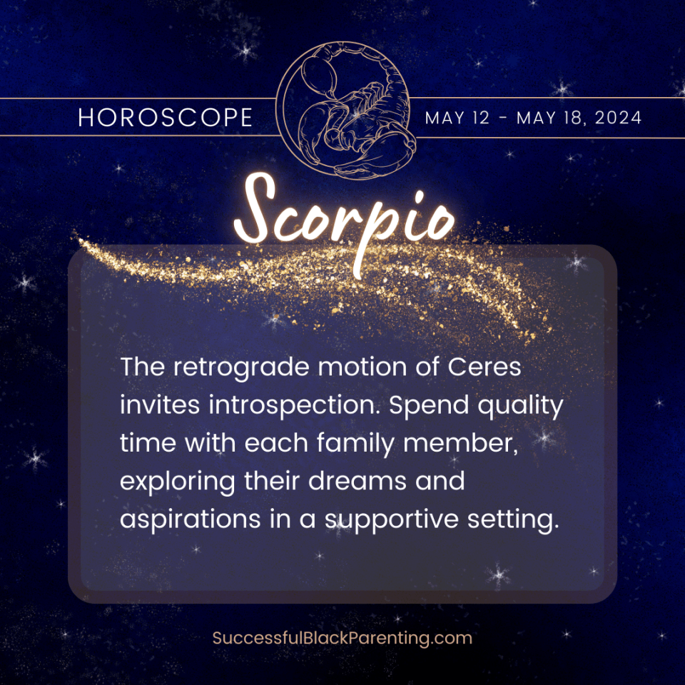 Horoscopes for parents: week of may 12th – may 18th Scorpio parent horoscope: "scorpio scorpion image blended with creative arts symbols, focusing on deep connections and shared creative projects in parenting. "