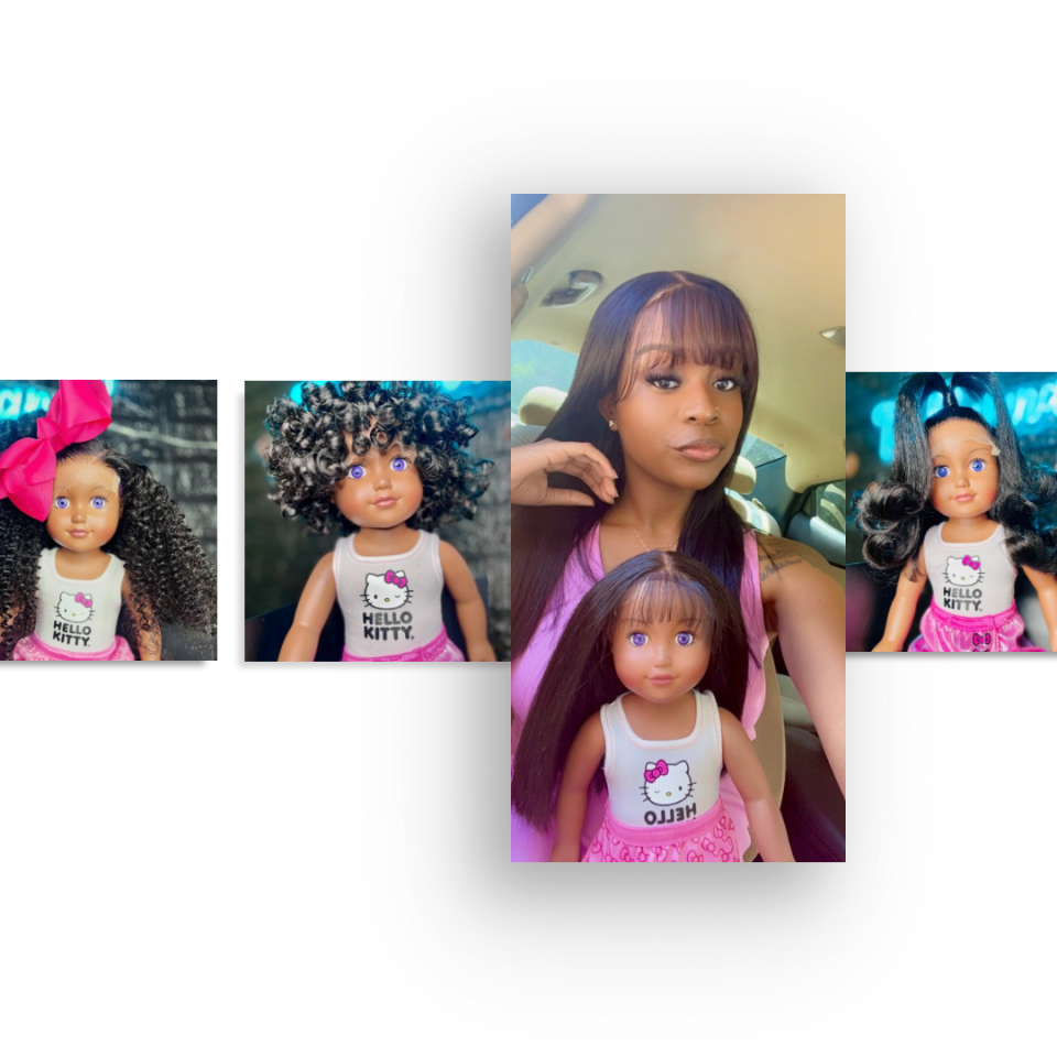 Collage of four images featuring realistic doll wigs created by a black-owned business. The central image shows a woman holding a doll with long, straight hair, while the surrounding images display dolls with various hairstyles, including voluminous curls, tight ringlets, and sleek pigtails. These wigs are part of a feature in successful black parenting magazine, highlighting the creative and empowering work behind the business.