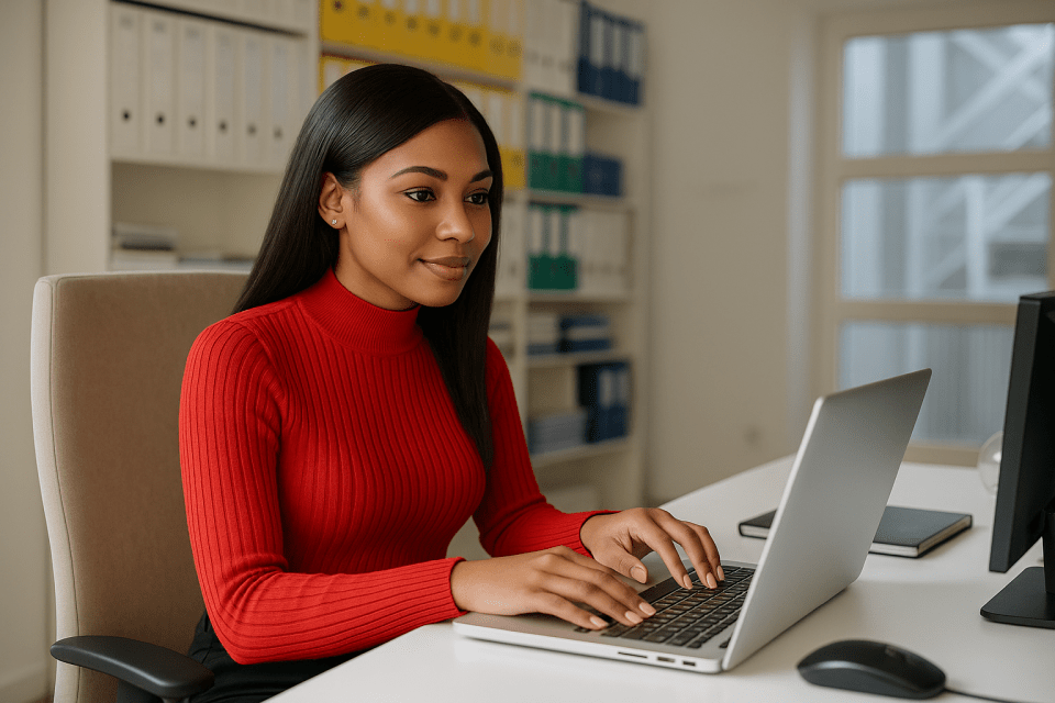 A young black woman with relaxed 4c hair, wearing a red ribbed sweater, works intently on a laptop in a modern office setting, surrounded by organized binders and tech tools for an article about "how parents can support kids interested in accounting careers. "