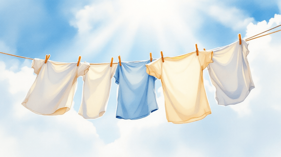 Gentle on skin: baby laundry tips Baby clothes drying in sunlight on a clothesline, representing eco-conscious baby laundry methods gentle on sensitive skin.