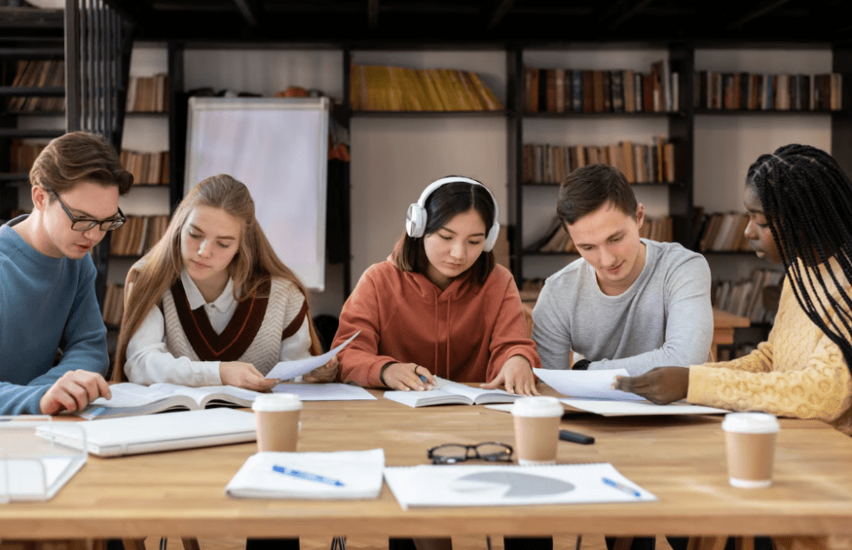 How family support influences the academic success of minority students A diverse group of students studying together, showing collaboration and academic support for how family support influences the academic success of minority students