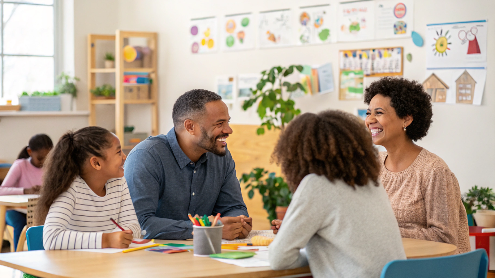 Parents, teachers, and students talking in a cheerful classroom setting