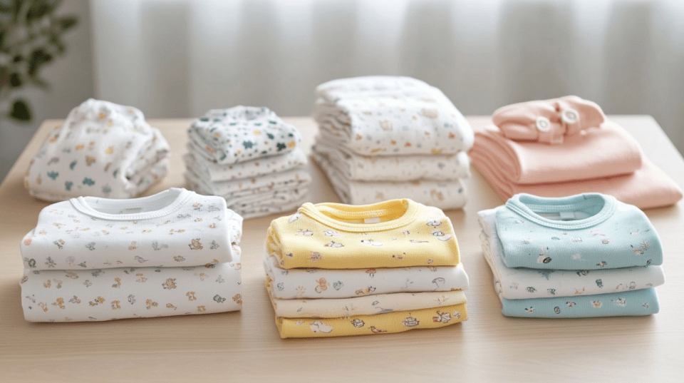 Gentle on skin: baby laundry tips Freshly laundered baby clothes folded on a table, showcasing gentle baby laundry practices with hypoallergenic detergents.