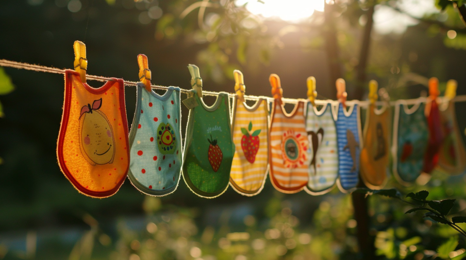 Gentle on skin: baby laundry tips Colorful baby bibs hanging on a clothesline in the sun, demonstrating eco-friendly baby laundry tips for sensitive skin.