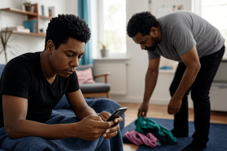 What parents can do when adult children refuse to move out Father picking up clothes while adult son looks at phone — representing the struggle parents face when adult children refuse to move out