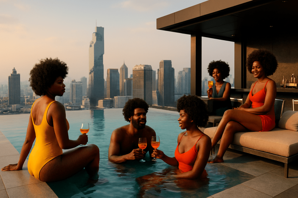 African american group relaxing on a rooftop pool with natural hair and drinks in one of the best places to cool off.