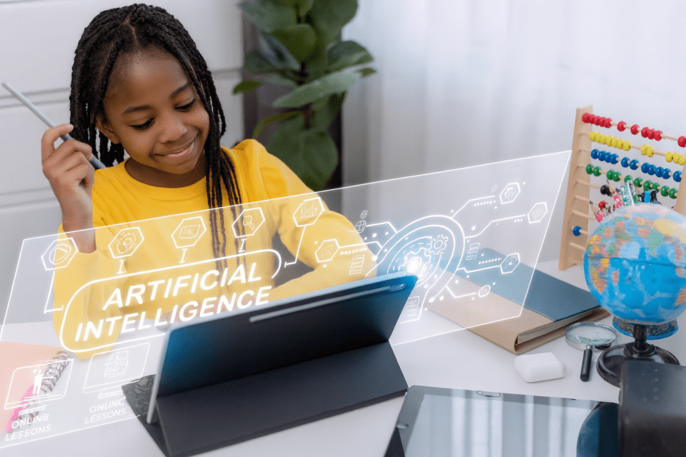 Ai tools are talking to your kids – and collecting their data African american girl with braided hair learning on a tablet with "artificial intelligence" on screen, symbolizing ai tools, kids, and data collection concerns.