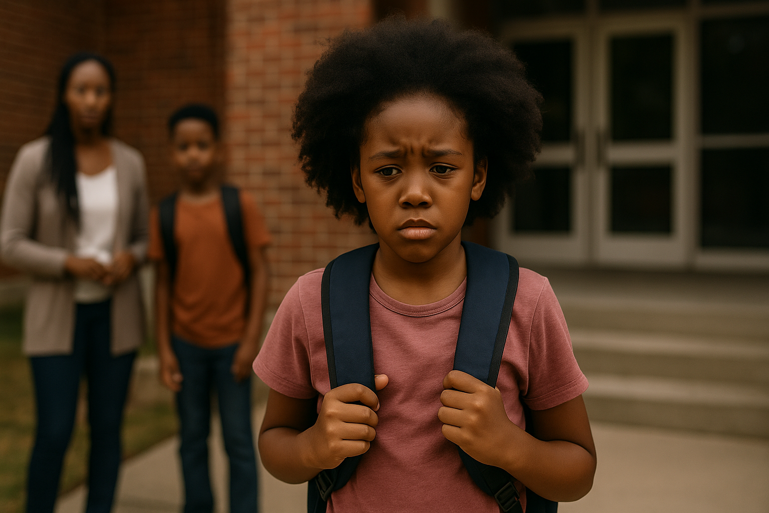 Black girl looking anxious in front of school with backpack — representing back-to-school anxiety in black children, mental health, and emotional resilience.