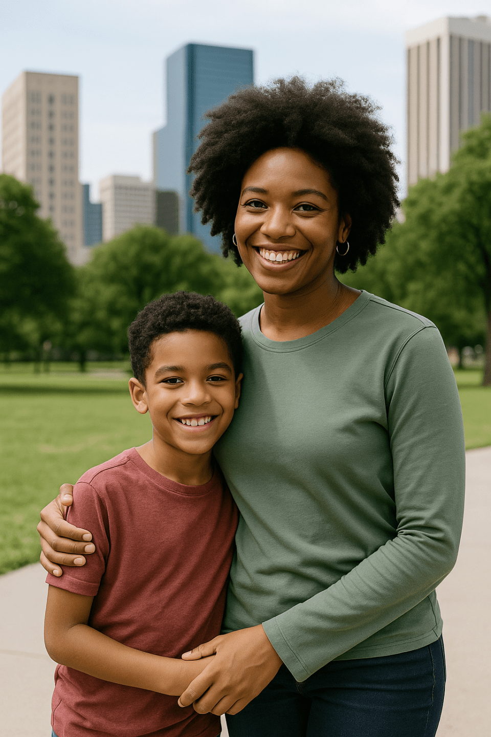 8 safe cities to raise black children: where culture, community & care come first Black mother and young son smiling in a city park with skyscrapers in the background, symbolizing joy, connection, and the 8 safe cities to raise black children.