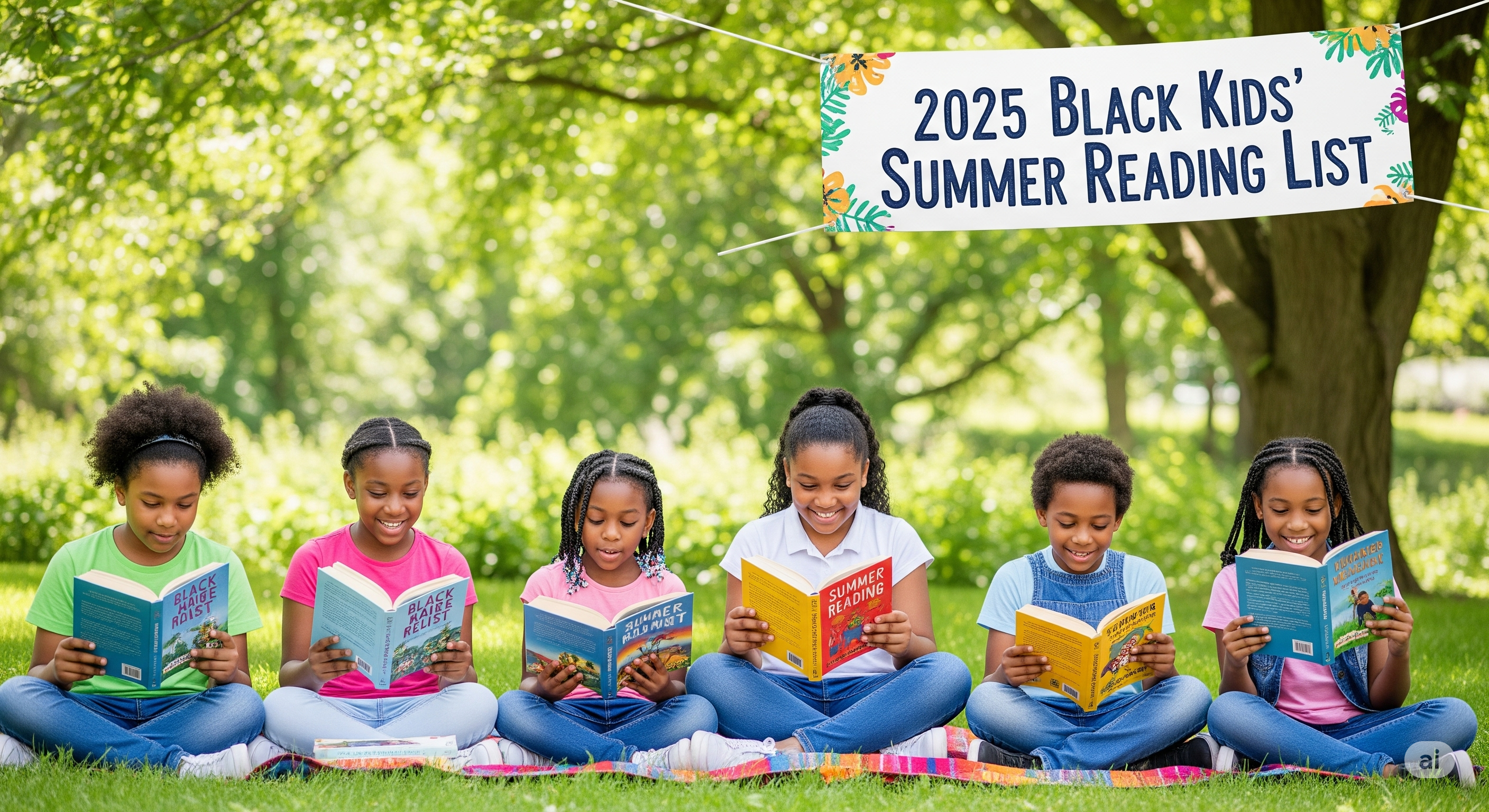 Your 2025 black kids' summer reading list A vibrant and joyful image titled '2025 black kids' summer reading list'. It features a group of young black children happily reading books outdoors on a sunny summer day. They are sitting on a colorful blanket in a park-like setting with lush green grass and trees. A banner or overlay displays the text '2025 black kids' summer reading list' in a friendly font. The overall mood is bright, engaging, and emphasizes the fun of summer reading.