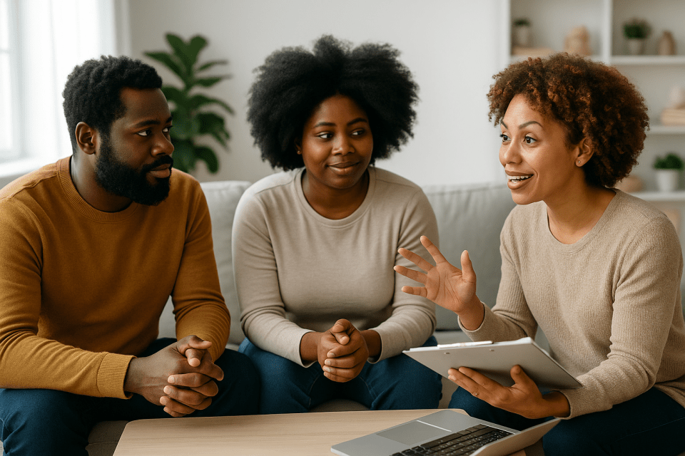 Black parenting educator speaking with two african american parents during a parent education session at home, discussing strategies for building strong parent-child relationships for an article titled, "4 secrets to raising thriving black children:  why it's the game-changer you didn’t know you needed"