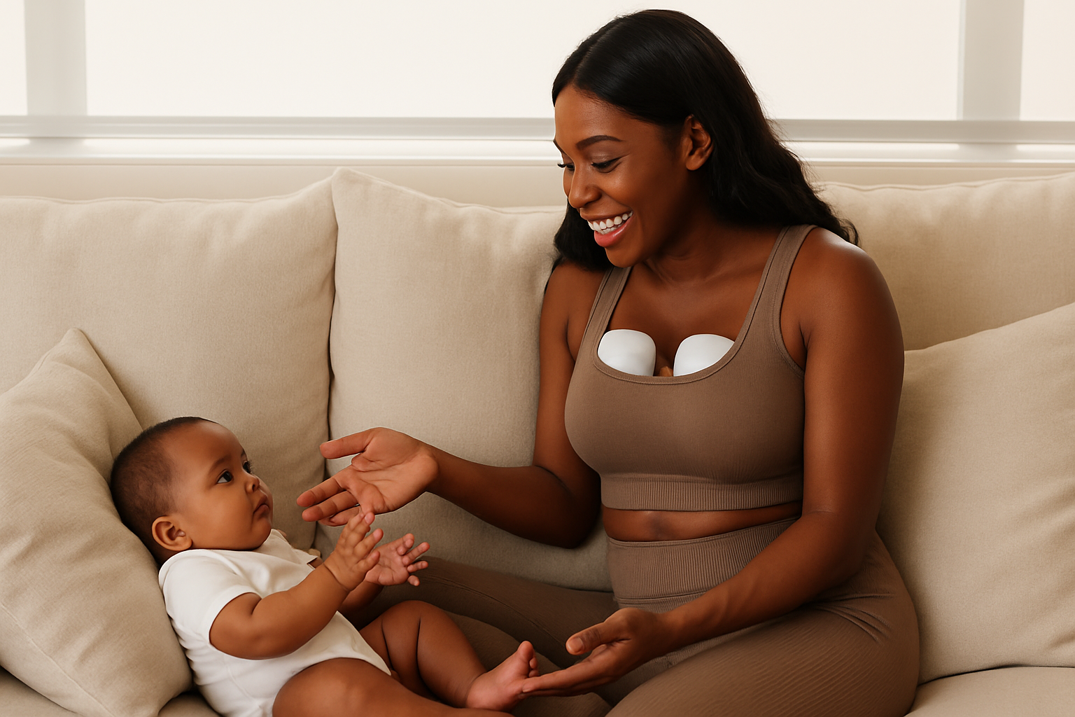 African american mother using a wearable breast pump properly while bonding with baby for an article titled, "how to use a wearable breast pump properly. "