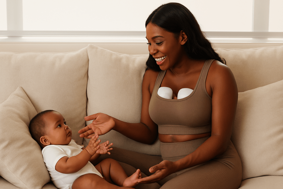 How to use a wearable breast pump properly African american mother using a wearable breast pump properly while bonding with baby for an article titled, "how to use a wearable breast pump properly. "