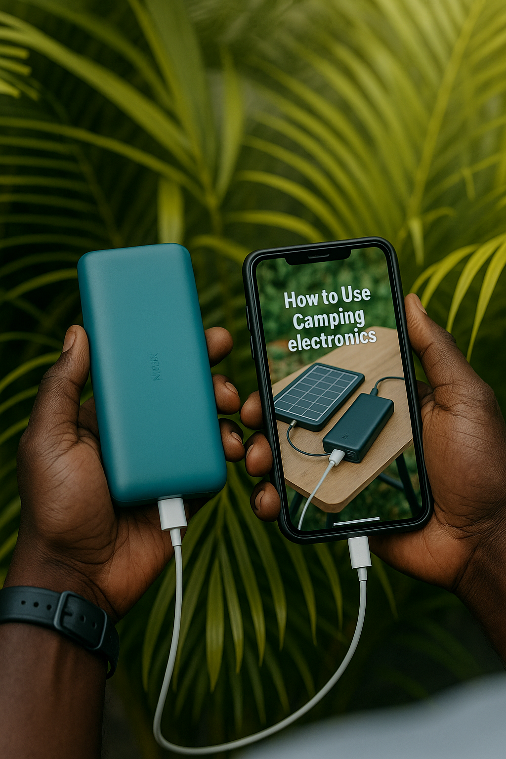 African american hands holding a smartphone and teal branded power bank, showcasing safety standards and certifications for branded power banks
