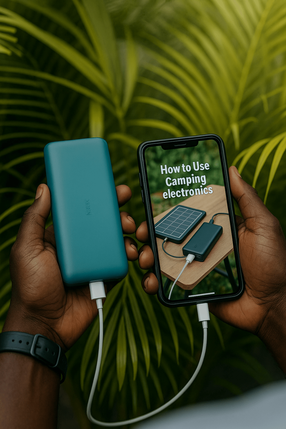 Safety standards and certifications for branded power banks African american hands holding a smartphone and teal branded power bank, showcasing safety standards and certifications for branded power banks
