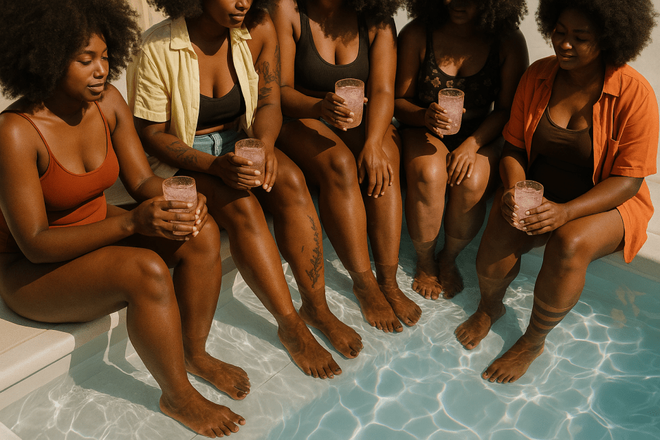 A group of african american women is drinking pink lemonade while relaxing with their feet in a wading pool for an article on the best places to cool off.