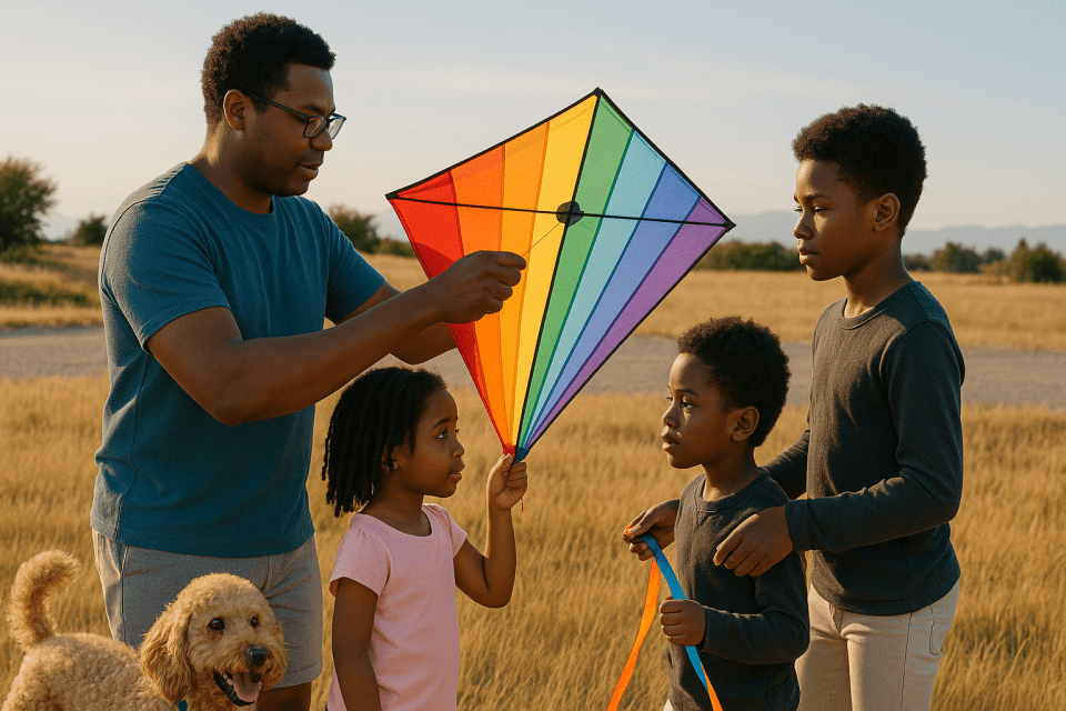 A black father and his three children prepare to fly a colorful rainbow kite in a sunny field, with their family pet, a curly-haired dog nearby, capturing joyful family bonding time.
