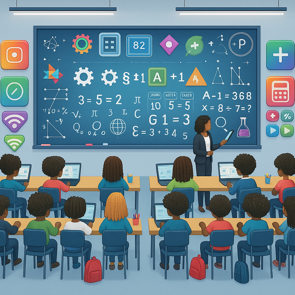 Black students learning math with adaptive technology in a modern digital classroom for an article titled, "how technology is revolutionizing math education: key trends shaping classrooms today. "