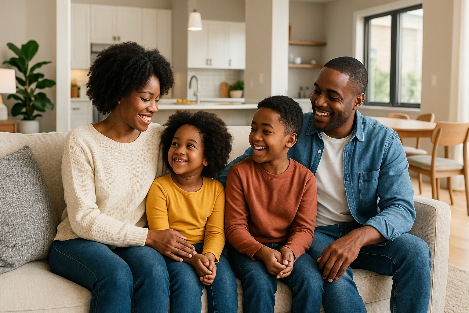 African american family enjoying time together in a modern cozy home, showing the importance of a cozy environment in parenting for emotional security and bonding for an order about "the importance of a cozy environment in parenting. "